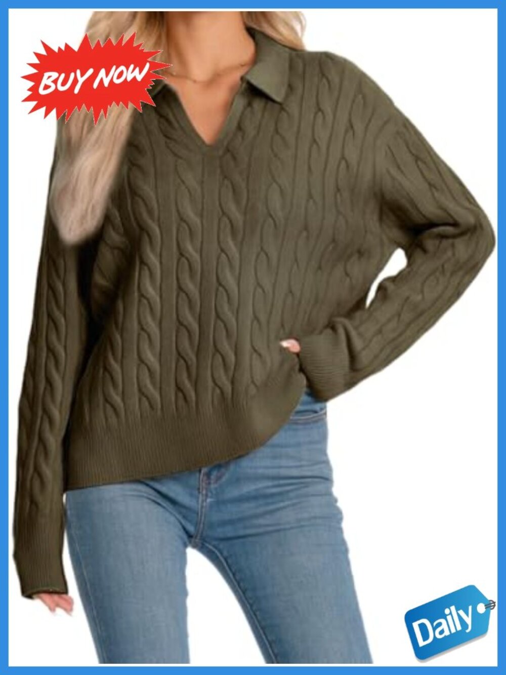 Cable Knit V-Neck Pullover Sweater Nylon Wool Blend